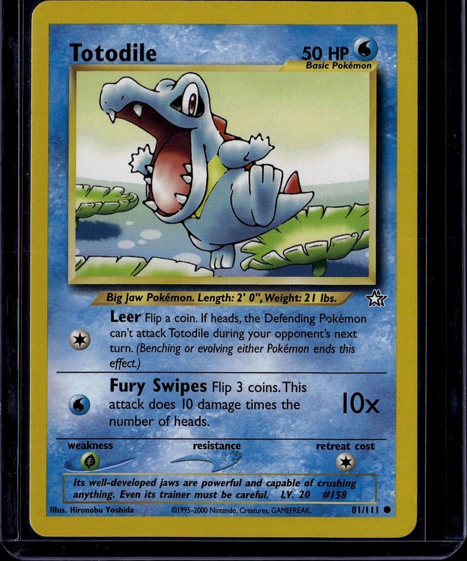 Totodile Pokemon Base Set Card #158 Shadowless: This is a Totodile Pokemon Trading Card from the Base Set, released by Nintendo in 2000. Card #158 features the iconic Big Jaw Pokemon with its distinctive open-mouth design and vibrant blue