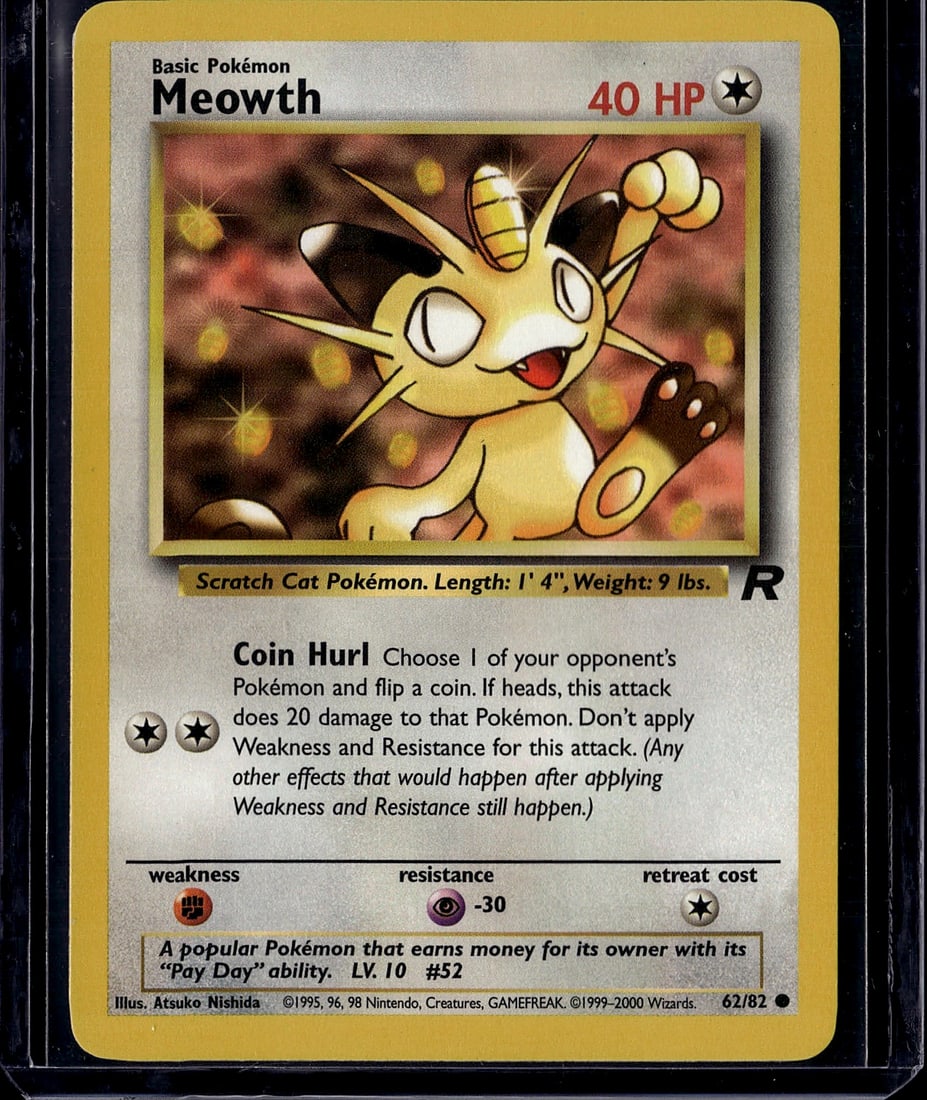 Meowth 62/82 Base Set Pokemon Card 1999 - Near: This is an authentic Meowth Pokemon trading card from the iconic 1999 Base Set, card number 62/82. Meowth is a Basic Psychic-type Pokemon with 40 HP featuring the classic Coin Hurl attack. The card de