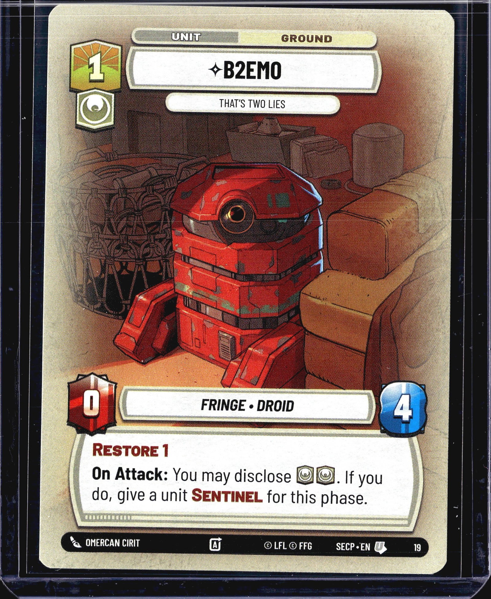 B2EMO #19 Star Wars Unlimited Spark of Rebellion: This listing is for B2EMO (card #19) from the Star Wars Unlimited trading card game, set Spark of Rebellion (SECP). B2EMO is a Ground Unit card with a cost of 1, belonging to the Fringe Droid
