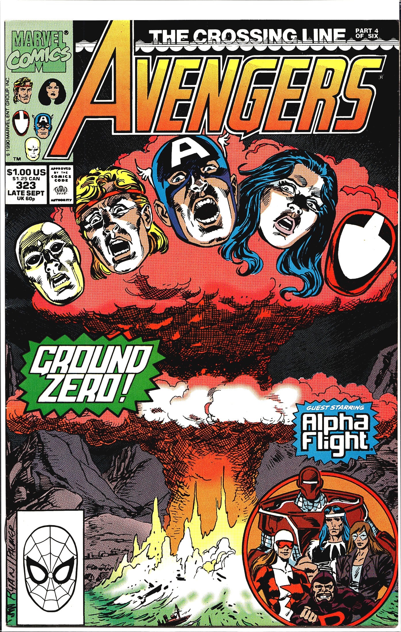 Avengers #323 Marvel Comics 1990 The Crossing: Avengers #323 (Late September 1990) published by Marvel Comics, priced at $1.00 US / $1.25 CAN / 60p UK. This issue is Part 4 of 6 in 'The Crossing Line' story arc, featuring a dramatic cover with Ave