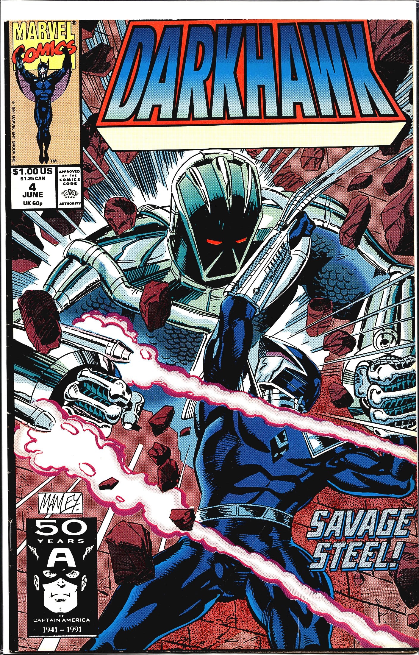 1991 Marvel Comics Darkhawk #4 Comic Book: Darkhawk #4, published by Marvel Comics, dated June 1991 and priced at $1.00 US. This issue features the storyline spotlighting the villain Savage Steel, as indicated by the cover blurb. The cover art