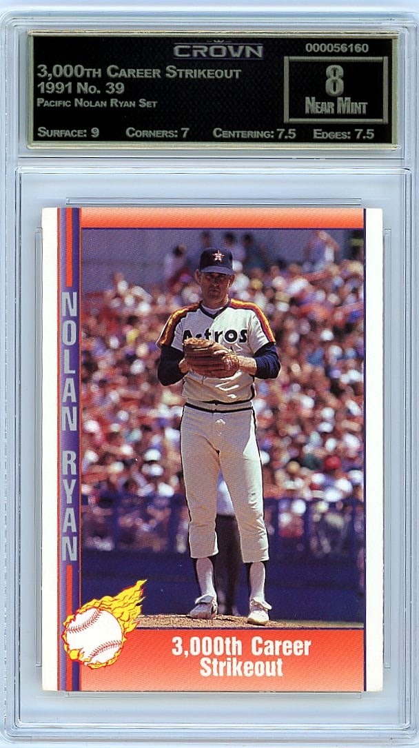 1991 Pacific Nolan Ryan 3,000th Career Strikeout: This is a 1991 Pacific Nolan Ryan Set card #39 commemorating the historic 3,000th career strikeout milestone. The card captures one of baseball's most legendary achievements in Nolan Ryan's