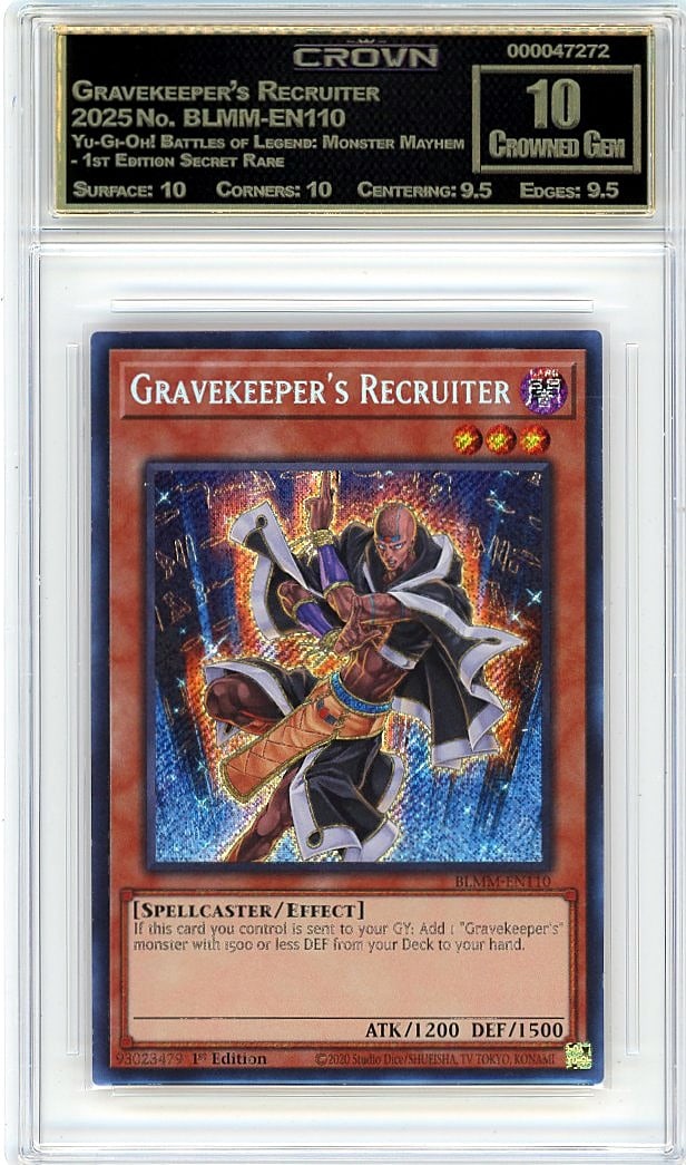 2025 Gravekeeper's Recruiter BLMM-EN110 Secret: This is a 2025 Gravekeeper's Recruiter card from Yu-Gi-Oh! Battles of Legend: Monster Mayhem, 1st Edition Secret Rare. The card number is BLMM-EN110. It represents a sought-after release in the