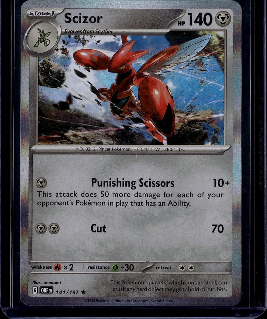 2023 Pokemon Obsidian Flames Scizor 141/197 Near: This is a 2023 Pokemon Trading Card Game Scizor card from the Scarlet & Violet set, card number 141/197. Scizor is a Stage 1 Pokemon that evolves from Scyther, featuring 140 HP and Metal-type