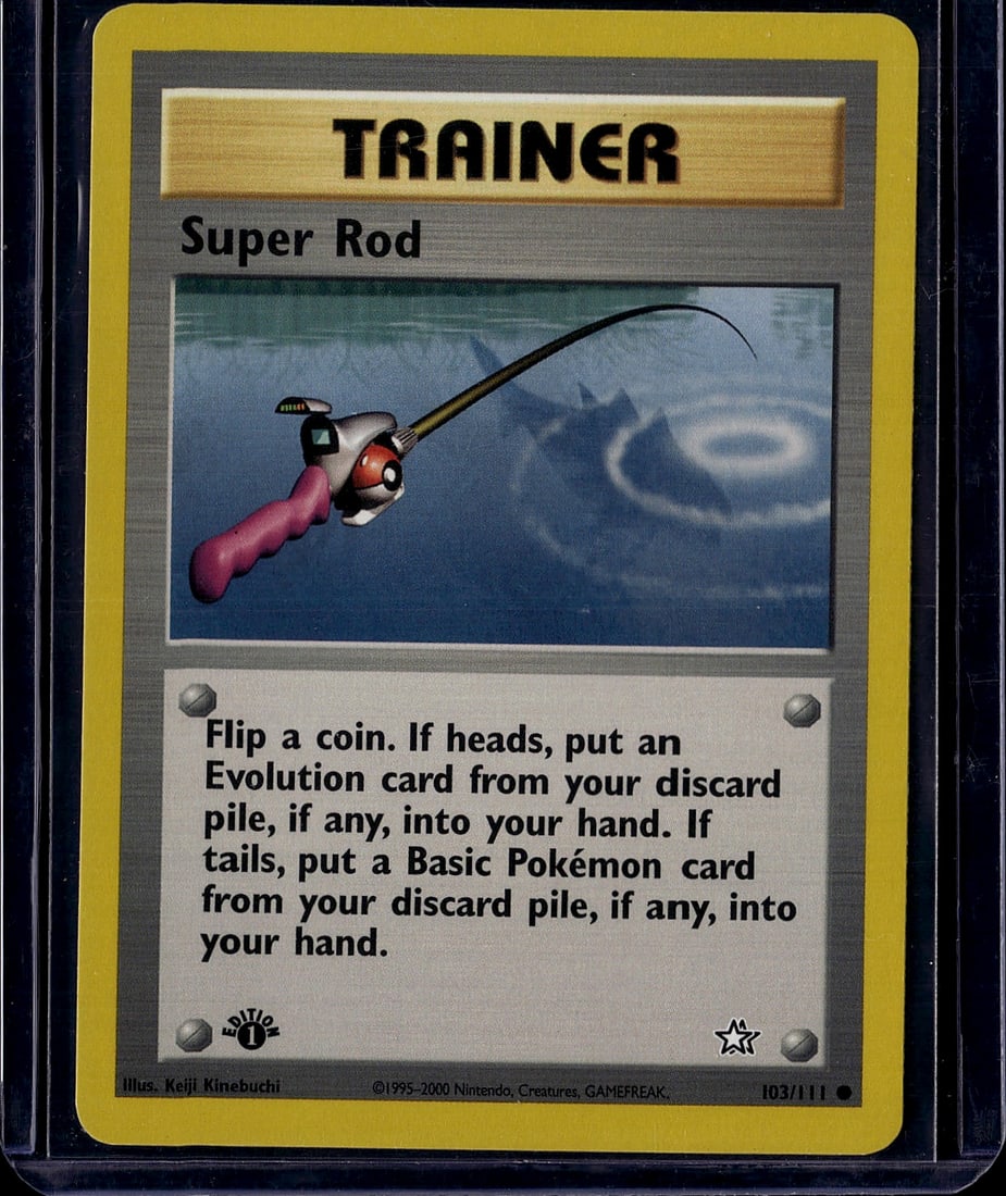 Super Rod Trainer Pokemon Card 103/111 Neo: This is a Super Rod Trainer card from the Neo Genesis set, released in 2000 by Nintendo/Creatures/GAMEFREAK. Card #103/111 features the iconic fishing rod imagery illustrated by Keiji Kinebuchi. The