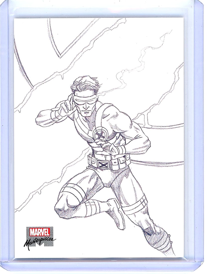 2022 Marvel Masterpieces Cyclops Preliminary Art: This is card AP-69 from the 2022 Marvel Masterpieces set by Upper Deck, part of the Preliminary Art insert series. The front features a detailed pencil sketch of Cyclops in a dynamic action pose,