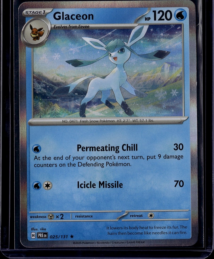 2025 Pokemon Scarlet Violet Prismatic Evolutions: Glaceon 025/131 is a Stage 1 Holo Rare Water-type Pokemon card from the Scarlet & Violet: Prismatic Evolutions set, released on January 17, 2025. It evolves from Eevee, has 120 HP, and features the
