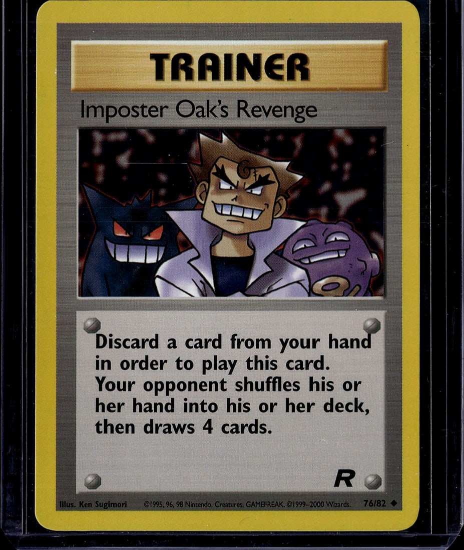 1999 Wizards of the Coast Pokemon Team Rocket: This is an authentic Imposter Oak's Revenge Trainer card from the original Pokemon Trading Card Game, produced by Wizards of the Coast in 1999. Card #76 from the Base Set, this is a rare Trainer card