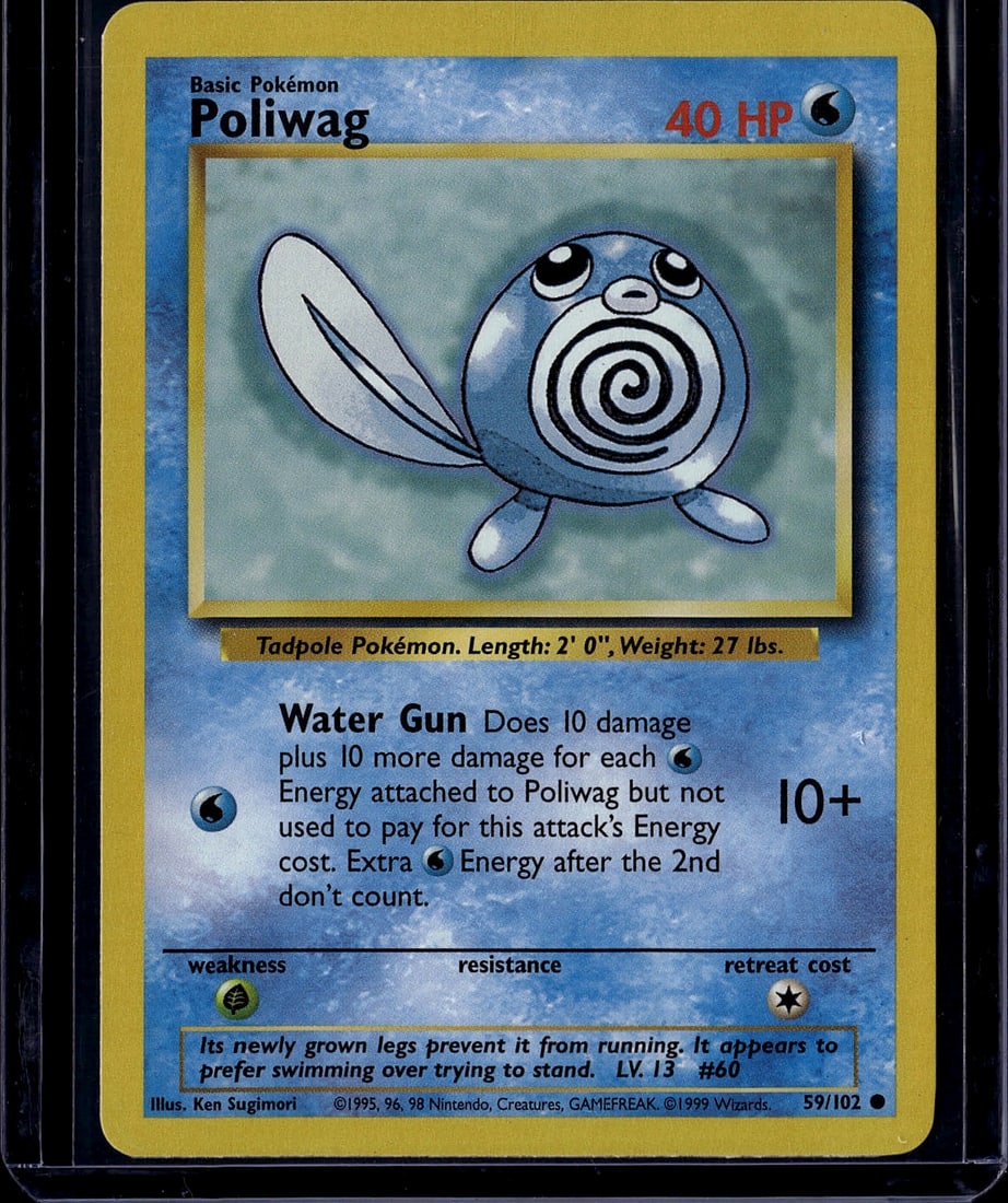 Poliwag Base Set 59/102 Pokemon Card 1999: This is an original 1999 Pokemon Trading Card Game Base Set Poliwag card, card number 59/102. Poliwag is a Basic Water-type Pokemon with 40 HP, featuring the iconic spiral design on its belly. The
