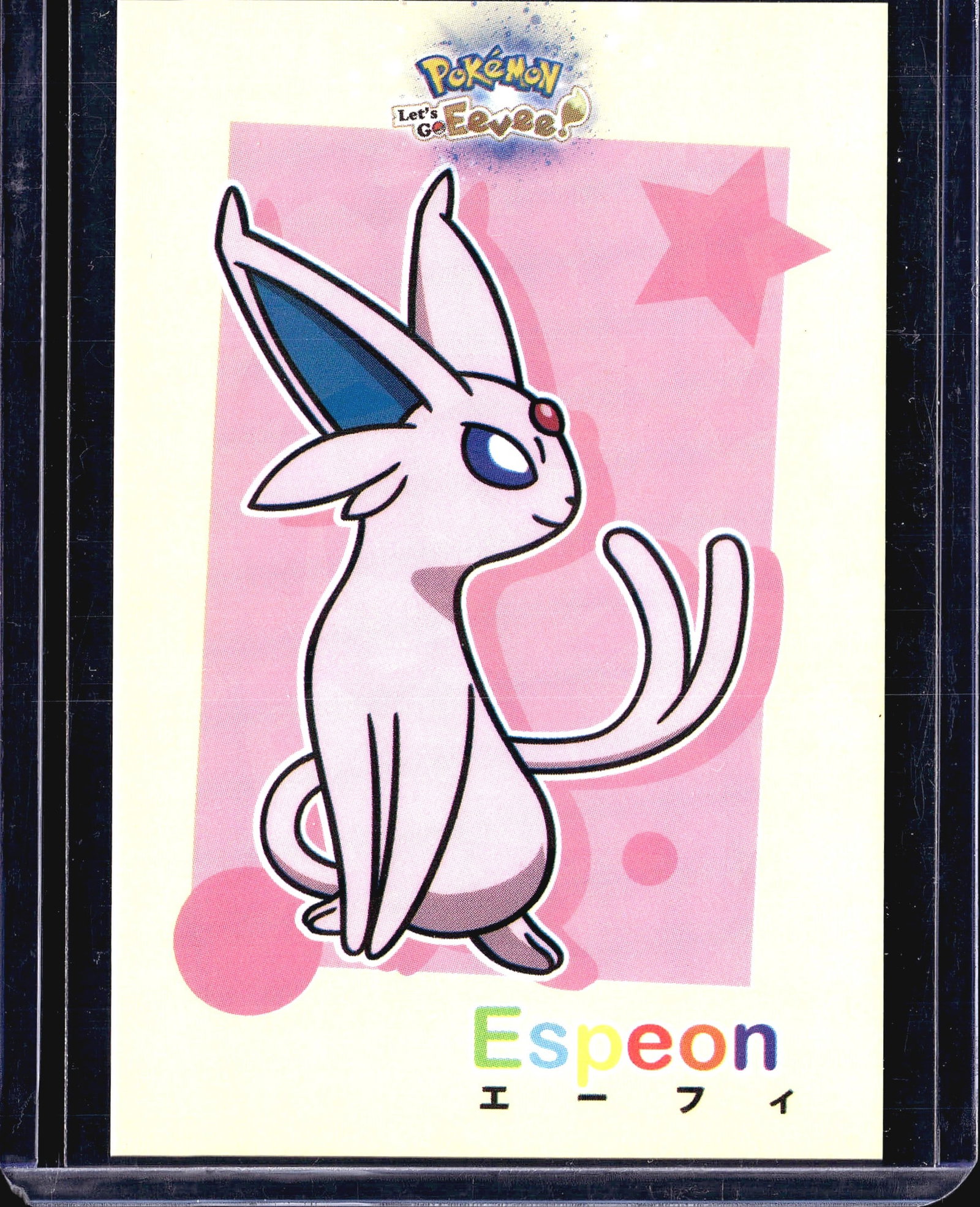Japanese Pokemon Let's Go Eevee Espeon Trading: This is a raw, ungraded Japanese Pokemon trading card from the Let's Go Eevee series, featuring Espeon on a pink background. The card displays the official Let's Go Eevee logo at the top and the Pokem