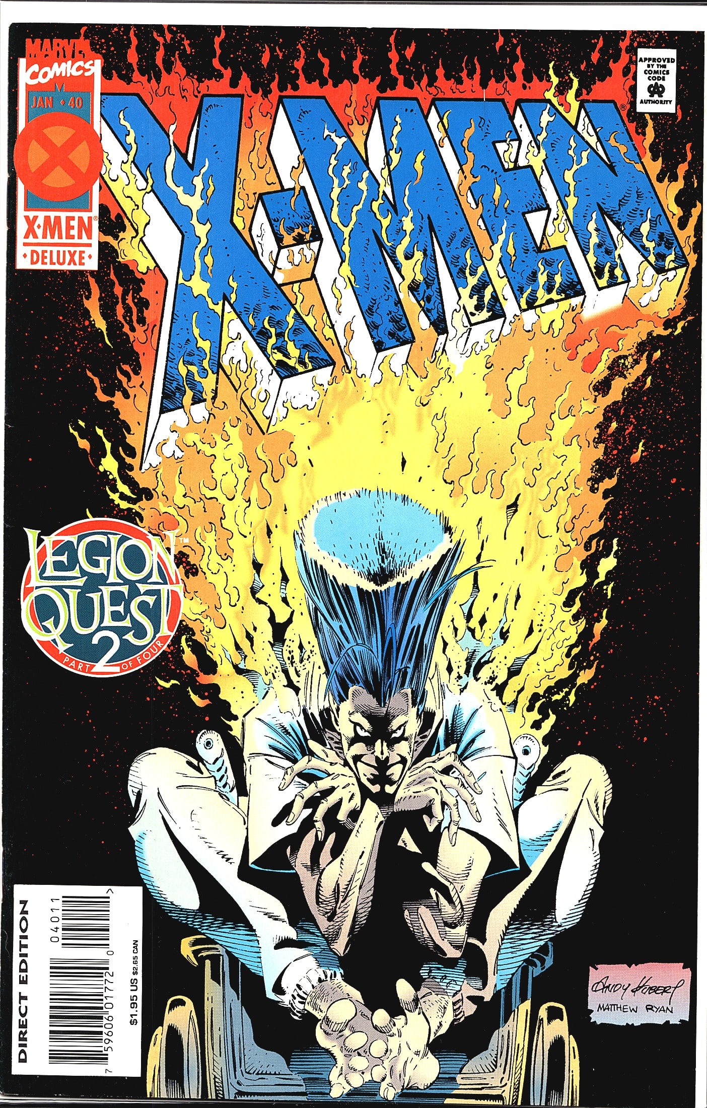 1995 Marvel Comics X-Men Deluxe #40 Comic Book: X-Men #40 from Marvel Comics, cover dated January 1995, is part 2 of the 'Legion Quest' four-part crossover storyline. This Deluxe Edition features a striking cover by Andy Kubert and Matthew Ryan, as