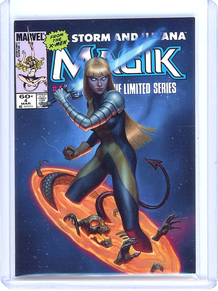 2022 Marvel Masterpieces Magik #23 Variant Cover: This 2022 Marvel Masterpieces comic features Magik as card #23 from the set. The item is a numbered variant cover edition, specifically #0370 out of 1499 produced. Magik, a prominent character in