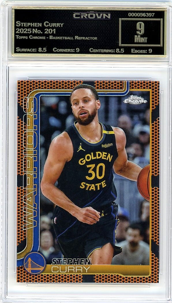 2025 Stephen Curry Topps Chrome Refractor #201: This is a 2025 Stephen Curry card from the Topps Chrome Basketball Refractor set, card number 201. It captures one of basketball's most iconic modern players in a premium modern release known for its 