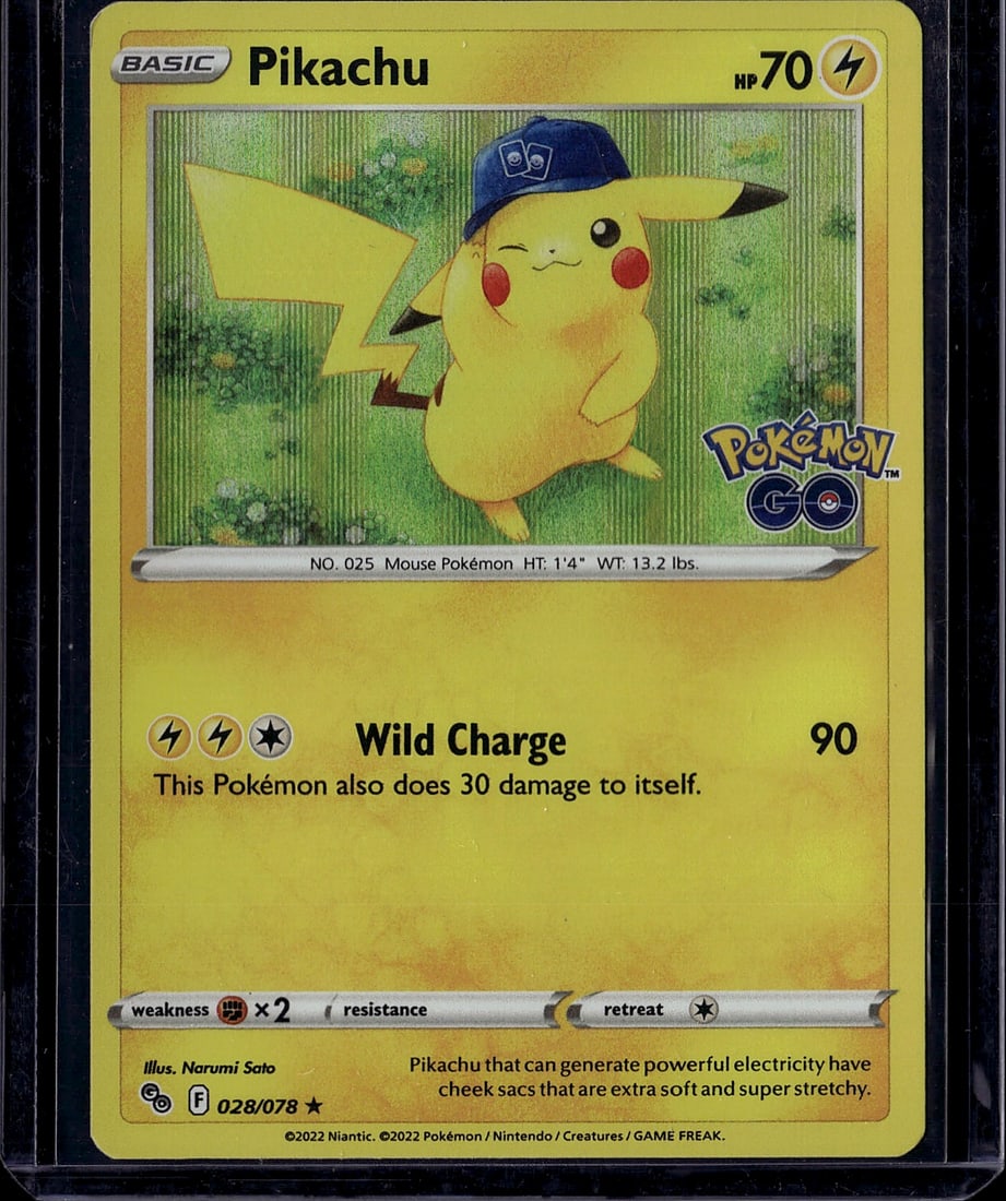 Pikachu 028/078 Pokemon GO Single Card - NM: This is a Pikachu Basic Pokemon single card from the Pokemon GO set, card number 028/078. The card features Pikachu wearing a blue Pokemon GO cap, illustrated by Narumi Sato. It has 70 HP and is an