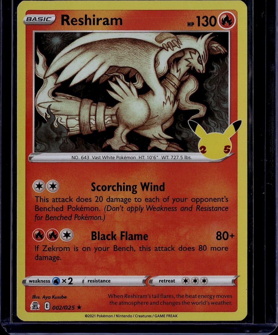 2021 Pokemon Chilling Reign Reshiram 002/025: This is a raw Reshiram Basic Pokemon card from the 2021 Chilling Reign set, card number 002/025. Reshiram is a Vast White Pokemon standing 10'6" tall and weighing 727.5 lbs. The card features