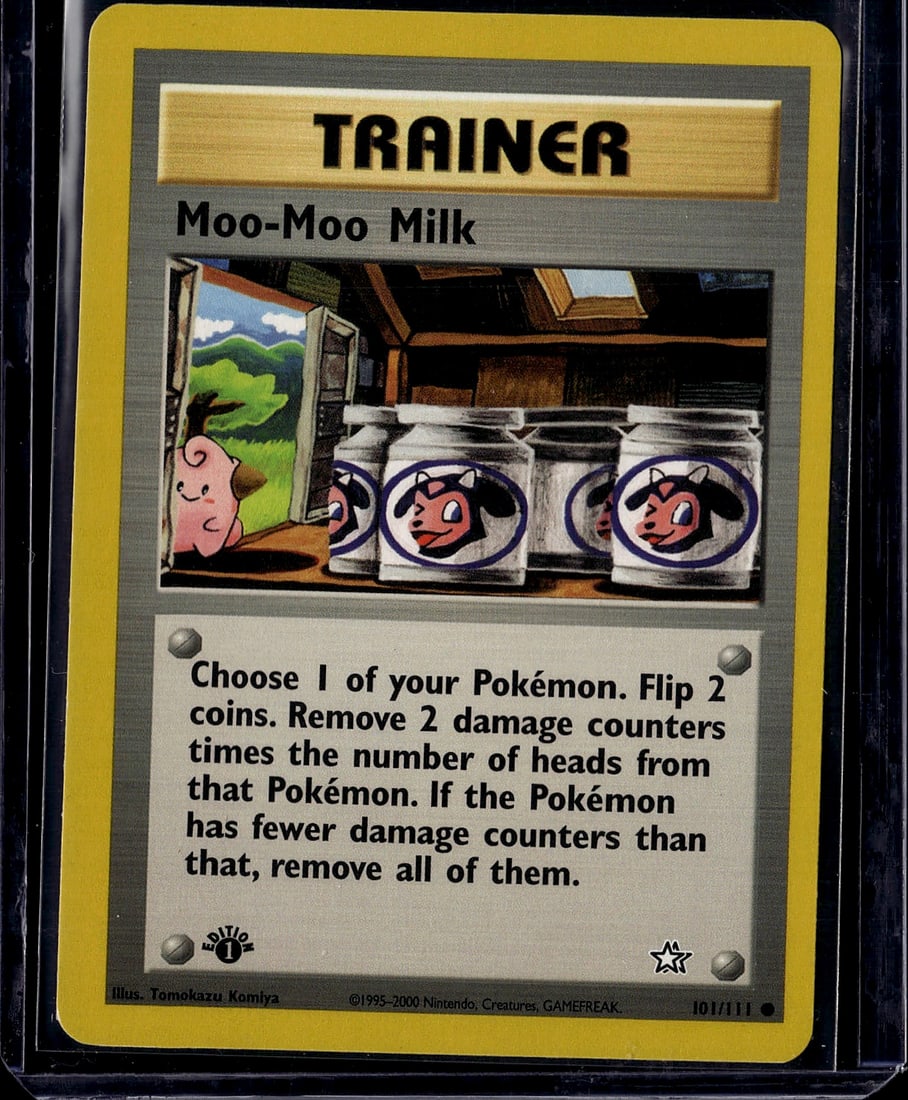 Moo-Moo Milk Trainer 101/111 Neo Genesis Pokemon: This is an ungraded Pokemon Trainer card from the Neo Genesis set, released in 2000. The card features the iconic Moo-Moo Milk artwork with a playful Miltank-themed design. Card number 101/111