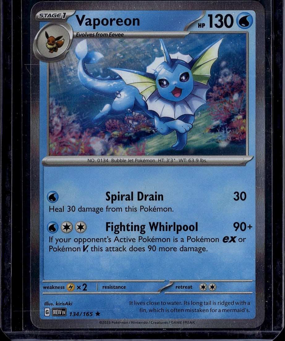 Vaporeon 134/165 Scarlet & Violet Pokemon Card: This is a near mint condition Vaporeon Pokemon trading card from the Scarlet & Violet set, card number 134/165. The card features stunning artwork by kirisAki and showcases Vaporeon, the Bubble Jet