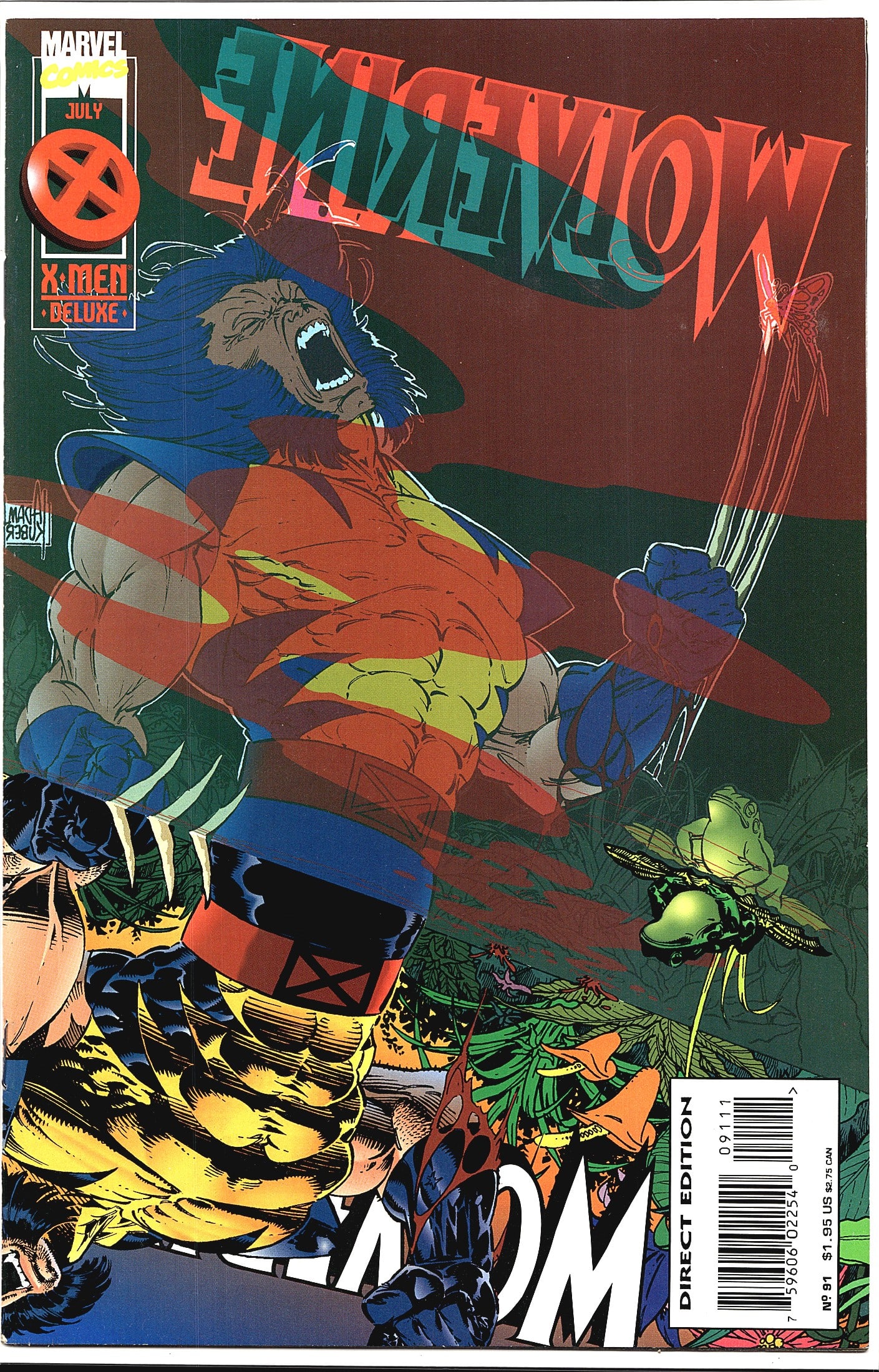 1995 Marvel Wolverine #91 Newsstand Variant Comic: This is Wolverine #91 published by Marvel Comics, dated July 1995, from the X-Men Deluxe line. The cover is a Direct Edition as indicated by the barcode label on the lower right. The cover art feature