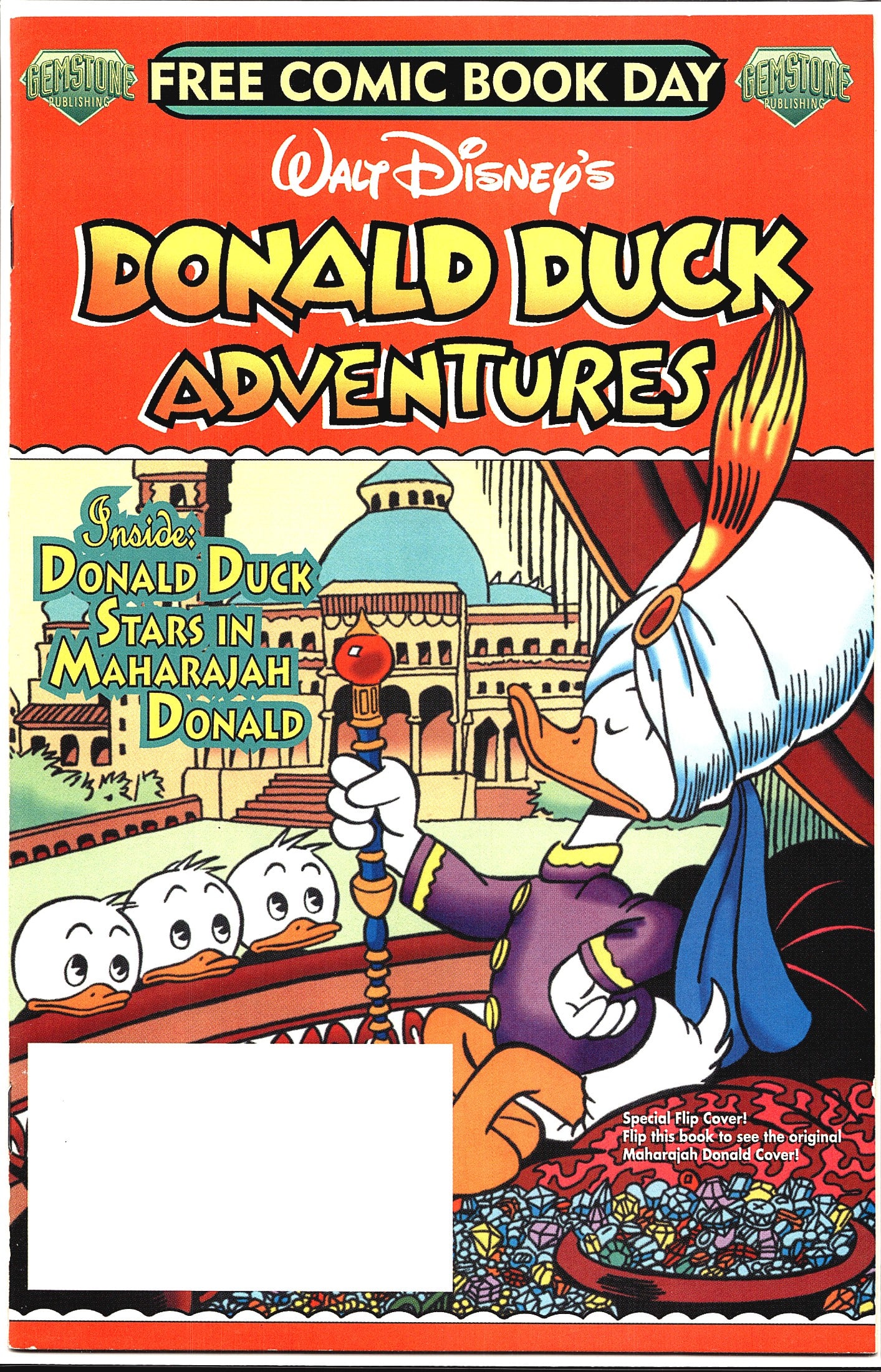 2003 Gemstone Publishing Walt Disney's Donald: Walt Disney's Donald Duck Adventures Free Comic Book Day edition published by Gemstone Publishing. This special promotional comic features the story 'Maharajah Donald' and includes a special flip cove