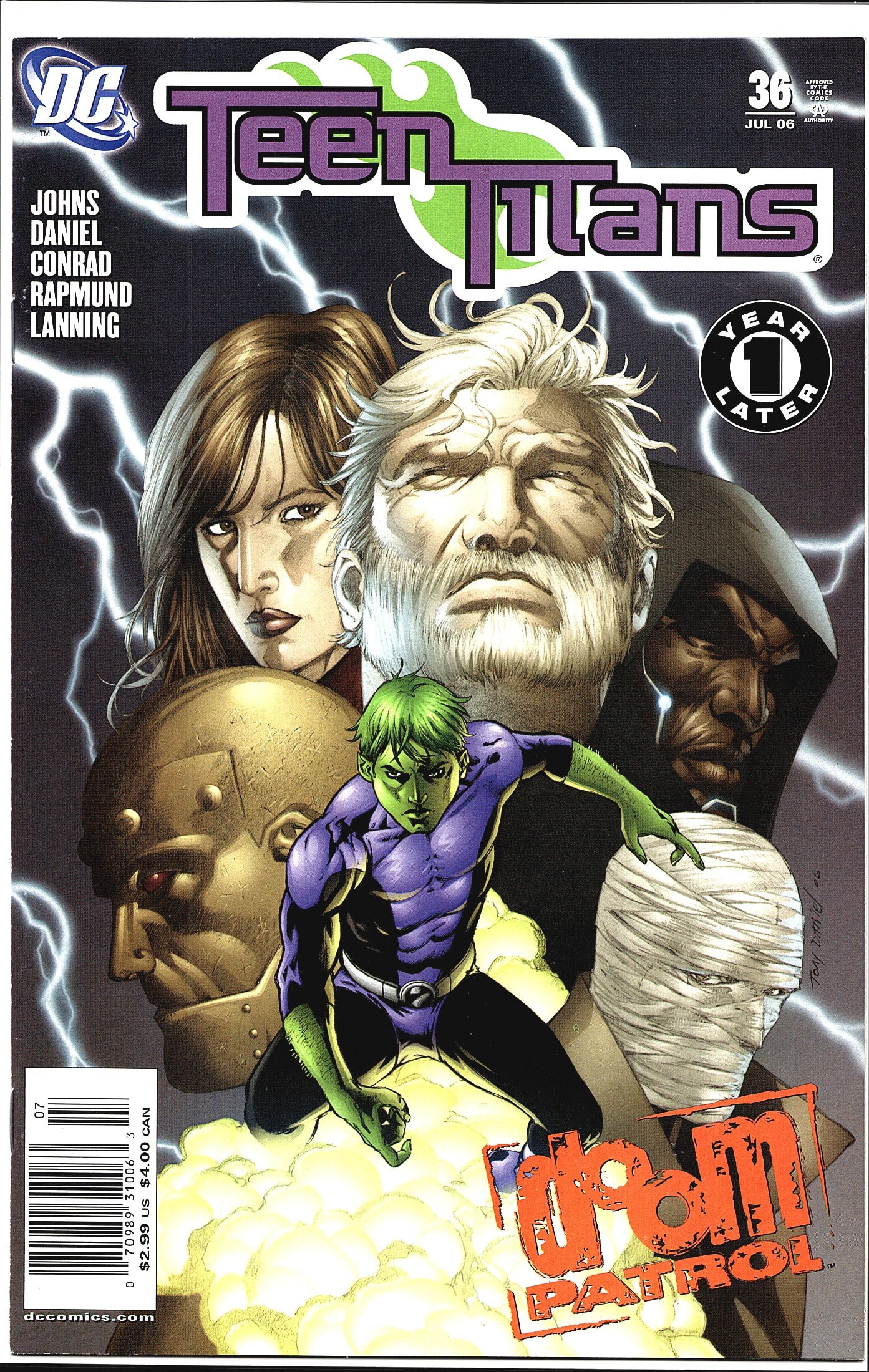 Teen Titans #36 DC Comics 2006 Year One Later: Teen Titans #36 published by DC Comics, cover dated July 2006. This issue is part of the 'Year One Later' storyline and features a crossover with the Doom Patrol. Creative team includes Geoff Johns (w