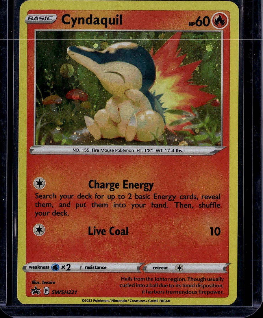 Cyndaquil 155 Pokemon Sword & Shield Basic Fire: This is a raw Pokemon trading card featuring Cyndaquil, the Fire Mouse Pokemon (Card No. 155) from the Sword & Shield set, published in 2022 by Pokemon/Nintendo. The card has 60 HP and showcases vibra