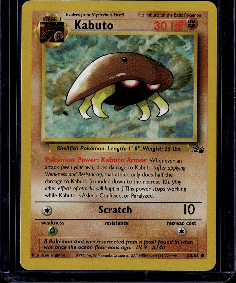 Kabuto Pokemon Card 50/62 Base Set 1999 Wizards: This is an authentic Kabuto Pokemon trading card from the Base Set released by Wizards of the Coast in 1999. Kabuto is a Stage 1 Shellfish Pokemon with 30 HP that evolves from a Mysterious Fossil.