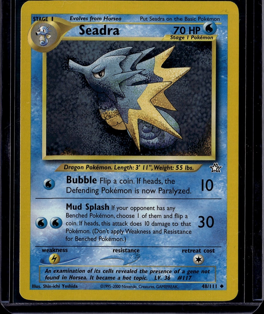 Seadra 48/111 Neo Genesis Pokemon Card Stage 1: This is a vintage Seadra Pokemon single card from the Neo Genesis set (card #48/111), released in 2000. Seadra is a Stage 1 Dragon-type Pokemon that evolves from Horsea, featuring 70 HP and two