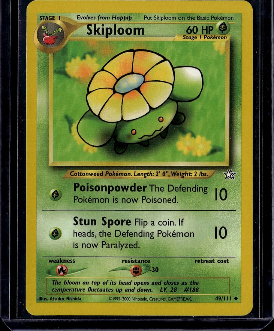 Skiploom 49/111 Neo Genesis Pokemon Single Card: This is a raw Skiploom Pokemon card from the Neo Genesis set, card #49/111. As a Stage 1 Grass-type Pokemon with 60 HP, Skiploom evolves from Hoppip and features two classic attacks: Poisonpowder