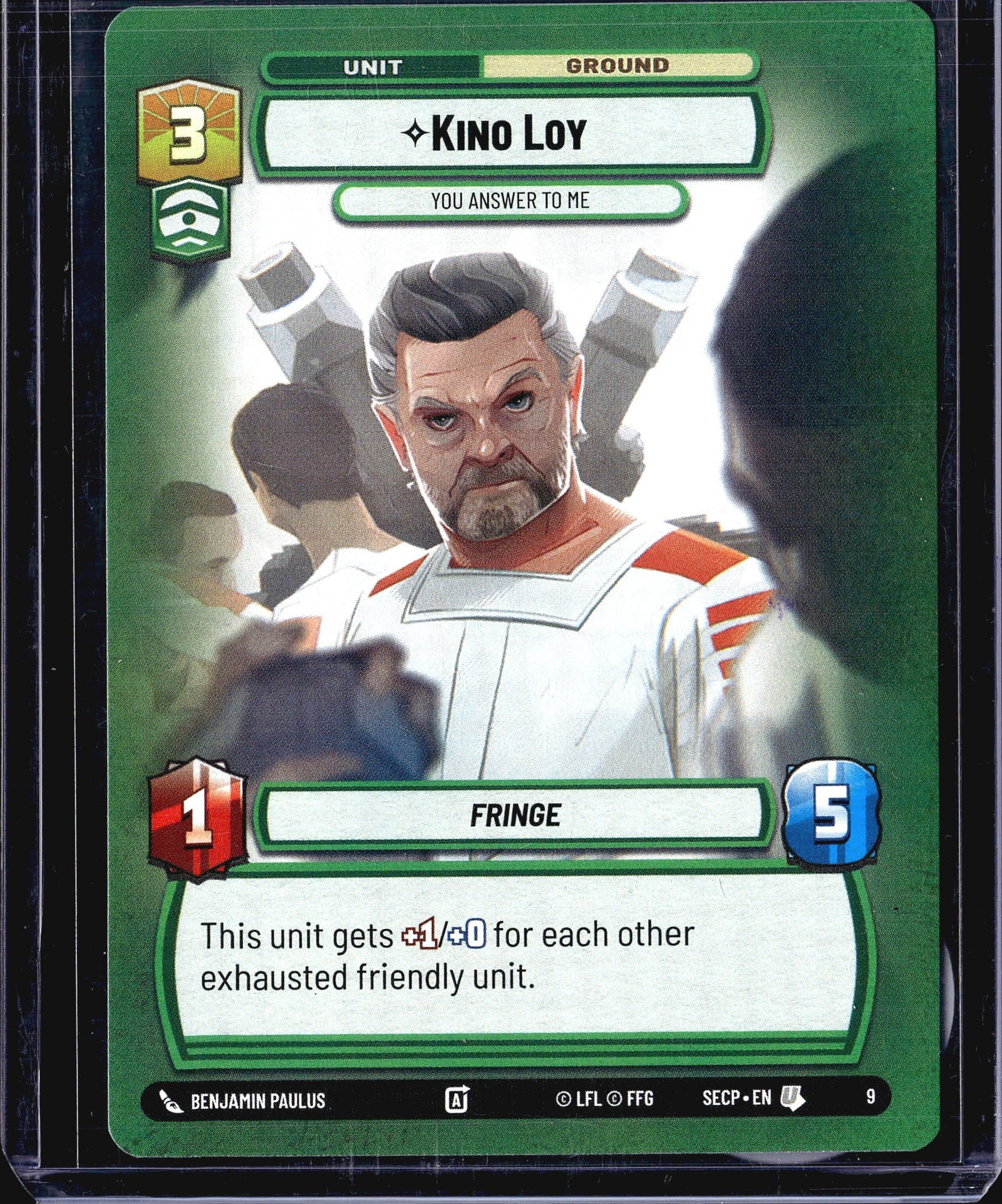 Star Wars Unlimited Kino Loy #9 You Answer To Me: This listing is for Kino Loy (#9), a Ground Unit card from the Star Wars Unlimited trading card game, set code SECP (Spark of Rebellion). The card features the subtitle 'You Answer To Me' and belongs
