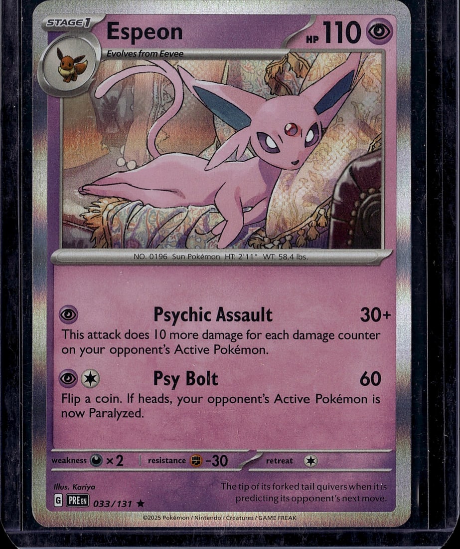 Espeon 033/131 Scarlet & Violet Pokemon Card: This is a raw Espeon Pokemon single card from the Scarlet & Violet set, card number 033/131. Espeon is a Psychic-type Stage 1 Pokemon that evolves from Eevee with 110 HP. The card features excellent