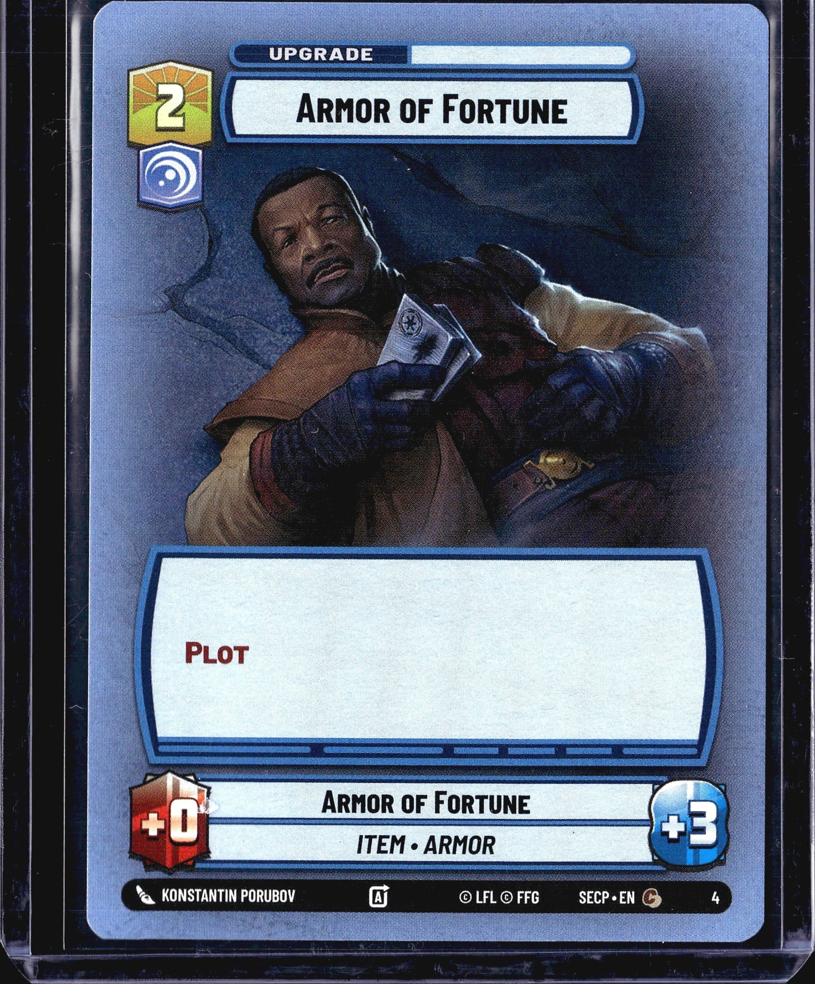 Star Wars Unlimited Armor of Fortune #4 SECP: This listing is for a single Star Wars Unlimited Trading Card Game card - Armor of Fortune, card number 4, from the Spark of Rebellion set (set code SECP). Published by Fantasy Flight Games under