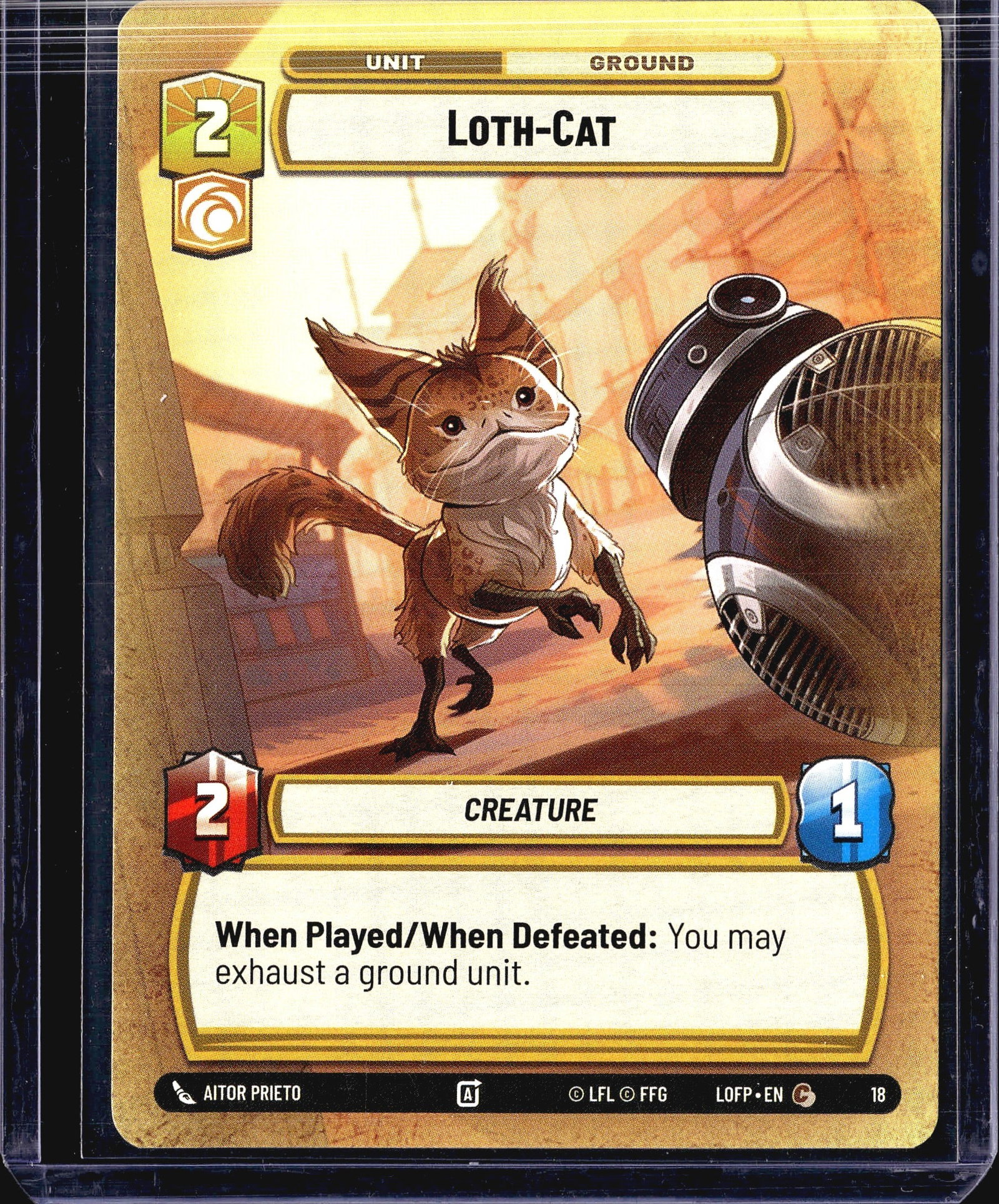 2024 FFG Legends of the Force Loth-Cat #18 Star: This listing features Loth-Cat (#18) from the Star Wars Unlimited trading card game, specifically from the Legends of the Force (LOFP) set. It is a Ground Unit card with a cost of 2, belonging to the