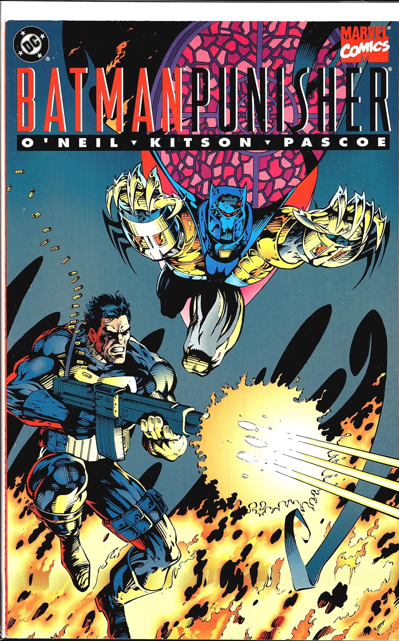 1994 Batman Punisher Lake of Fire #1 DC Marvel: This is the DC/Marvel Comics crossover one-shot Batman/Punisher: Lake of Fire, written by Denny O'Neil with art by Barry Kitson and colors by Pascoe. The cover prominently features both the Punisher