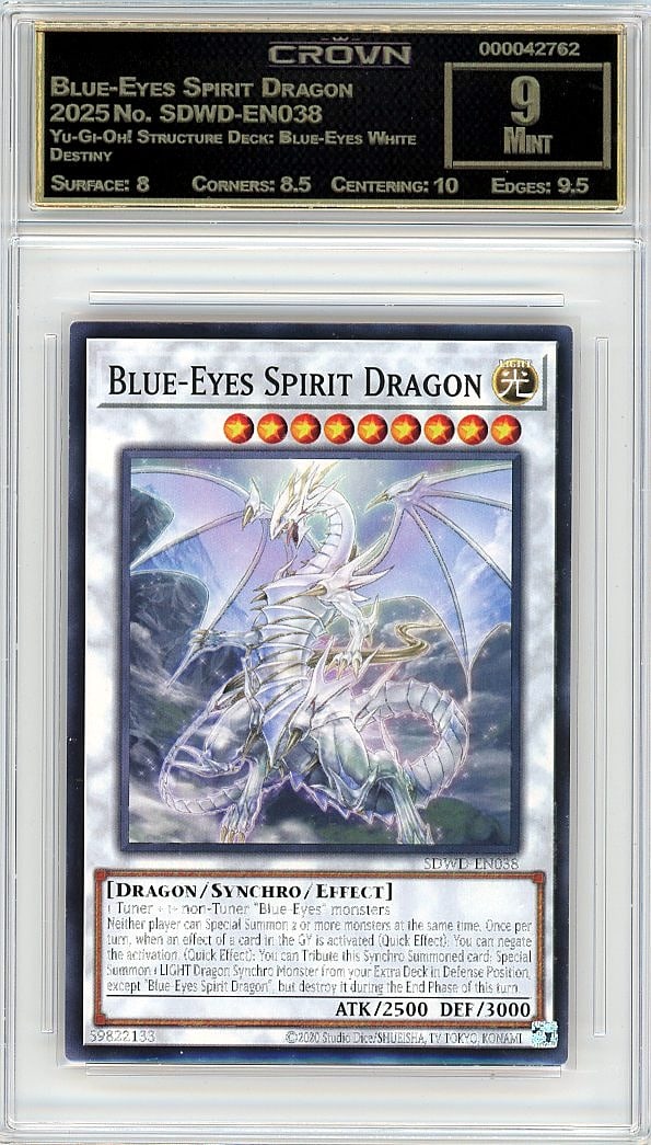 Blue-Eyes Spirit Dragon 2025 Yu-Gi-Oh SDWD-EN038: This is a Blue-Eyes Spirit Dragon trading card from the 2025 Yu-Gi-Oh! Structure Deck: Blue-Eyes White Destiny set, card number SDWD-EN038. The card has been professionally graded and encased in a pro