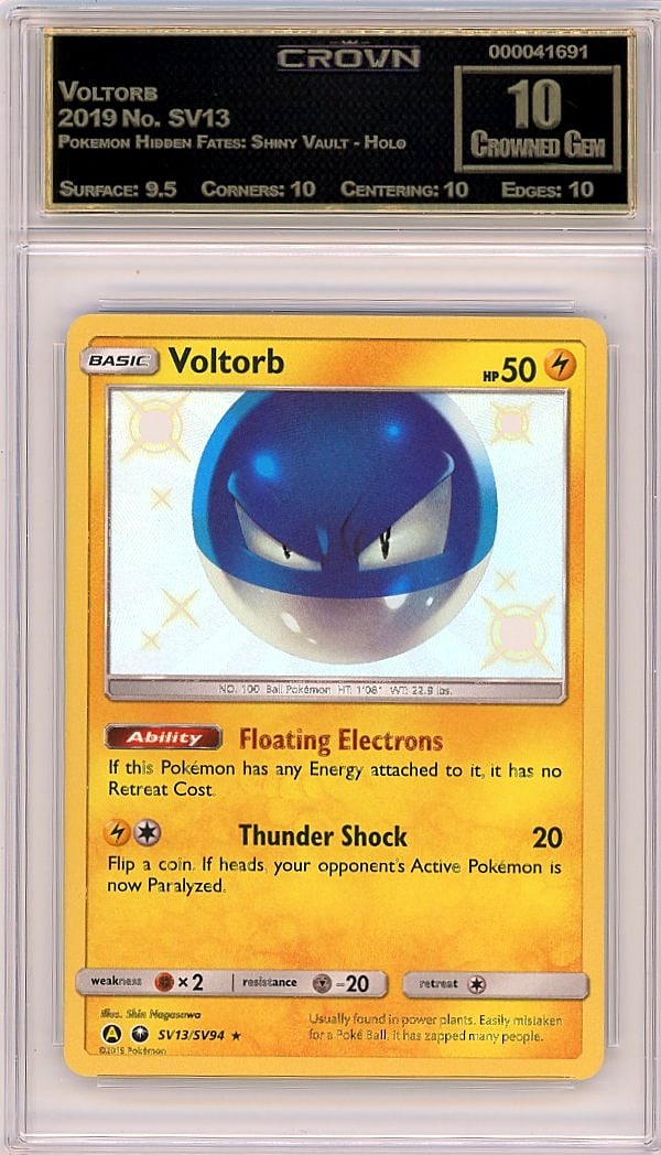 2019 Voltorb Pokemon Hidden Fates Shiny Vault: This is a 2019 Voltorb Holo card from the Pokemon Hidden Fates Shiny Vault set, card number SV13. The Hidden Fates Shiny Vault series is highly sought after by Pokemon collectors for its exclusive hol