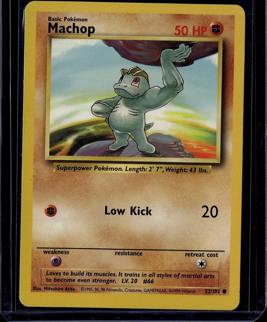 1999 Pokemon Base Set Machop #52/102 Card: This is an authentic 1999 Pokemon Base Set Machop card (#52/102) published by Wizards of the Coast. Machop is a Basic Fighting-type Pokemon featuring the iconic Mitsuhiro Arita artwork. The card displ