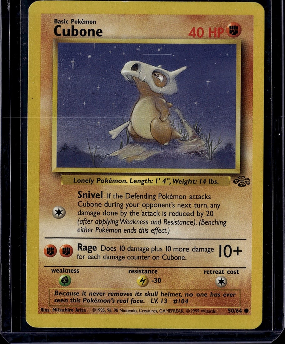 1999 Pokemon Base Set Cubone #50/64 Raw Card: This is an original 1999 Pokemon Base Set Cubone card (#50/64) published by Wizards of the Coast. Cubone is a Basic Ground-type Pokemon with 40 HP, featured with its iconic skull helmet design. The ca