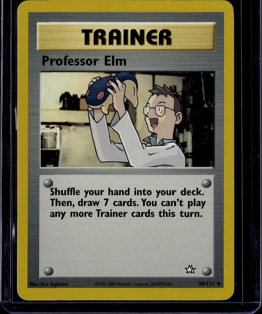 2000 Pokemon Neo Genesis Professor Elm 96/111: This is a Professor Elm Trainer card from the original 1995 Pokemon Trading Card Game set, card number 96/111. The card features the iconic character from the Johto region in his lab, holding a Poke B