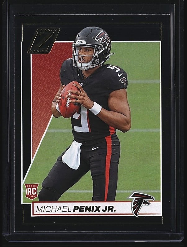 2024 Panini Zenith #179 Michael Penix Jr. RC: 2023 Panini Donruss #237 Michael Penix Jr. rookie card. Features the Atlanta Falcons quarterback in black jersey with red and white accents, shown in action pose holding the football. The card display