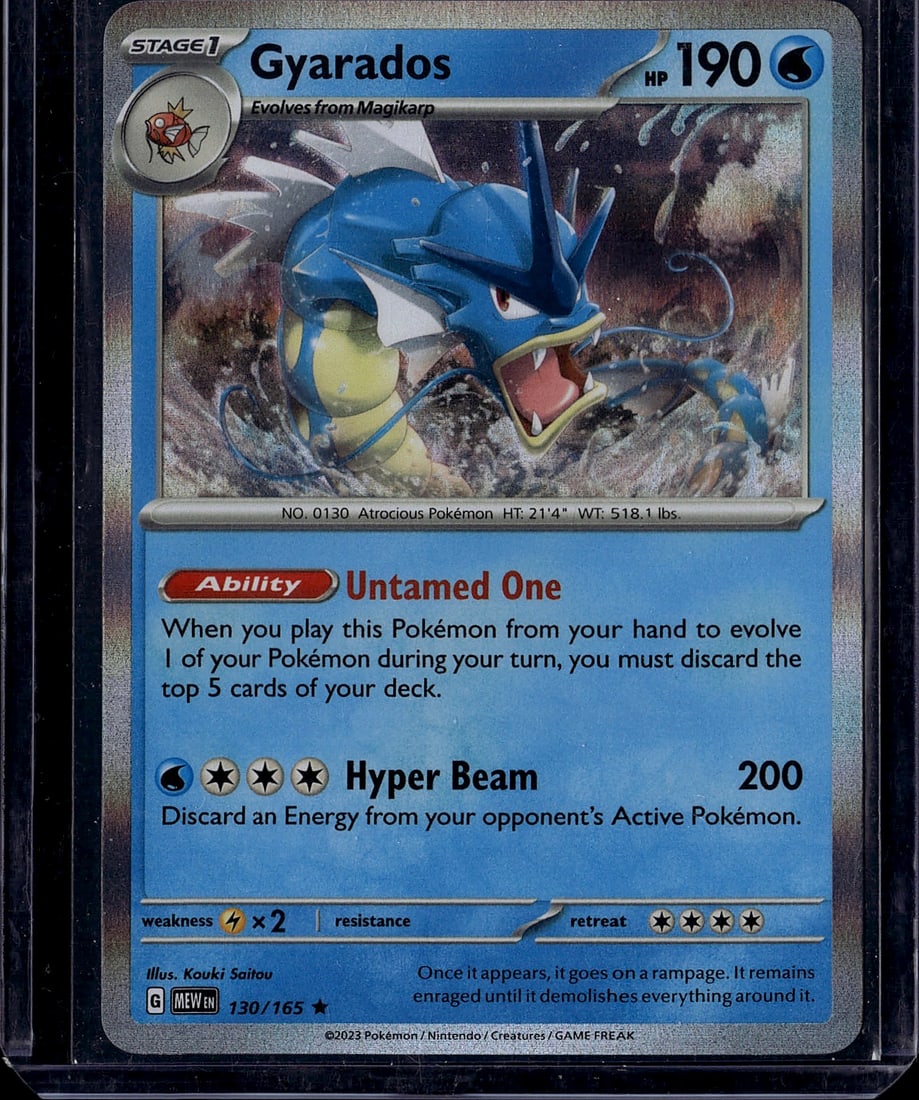 Gyarados 130/165 Scarlet Violet Pokemon Single: This is a raw Gyarados Stage 1 Pokemon card from the Scarlet & Violet set, card number 130/165. The card features 190 HP and showcases the Atrocious Pokemon with impressive artwork by Kouki Saitou. Gy