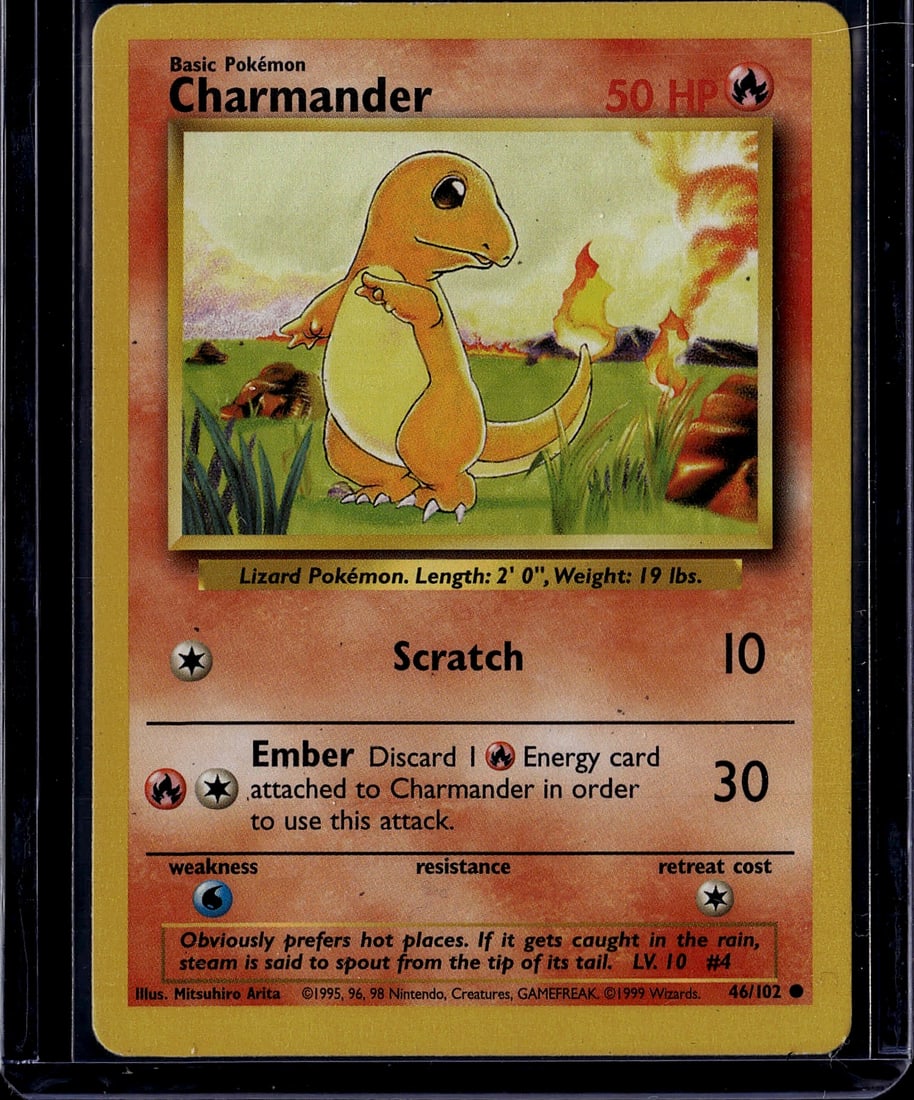 Charmander Base Set 46/102 Pokemon Card 1999: This is an original 1999 Charmander Pokemon Trading Card from the iconic Base Set (card 46/102). Charmander is a Fire-type Basic Pokemon with 50 HP, featuring the classic artwork by Mitsuhiro Arita. T