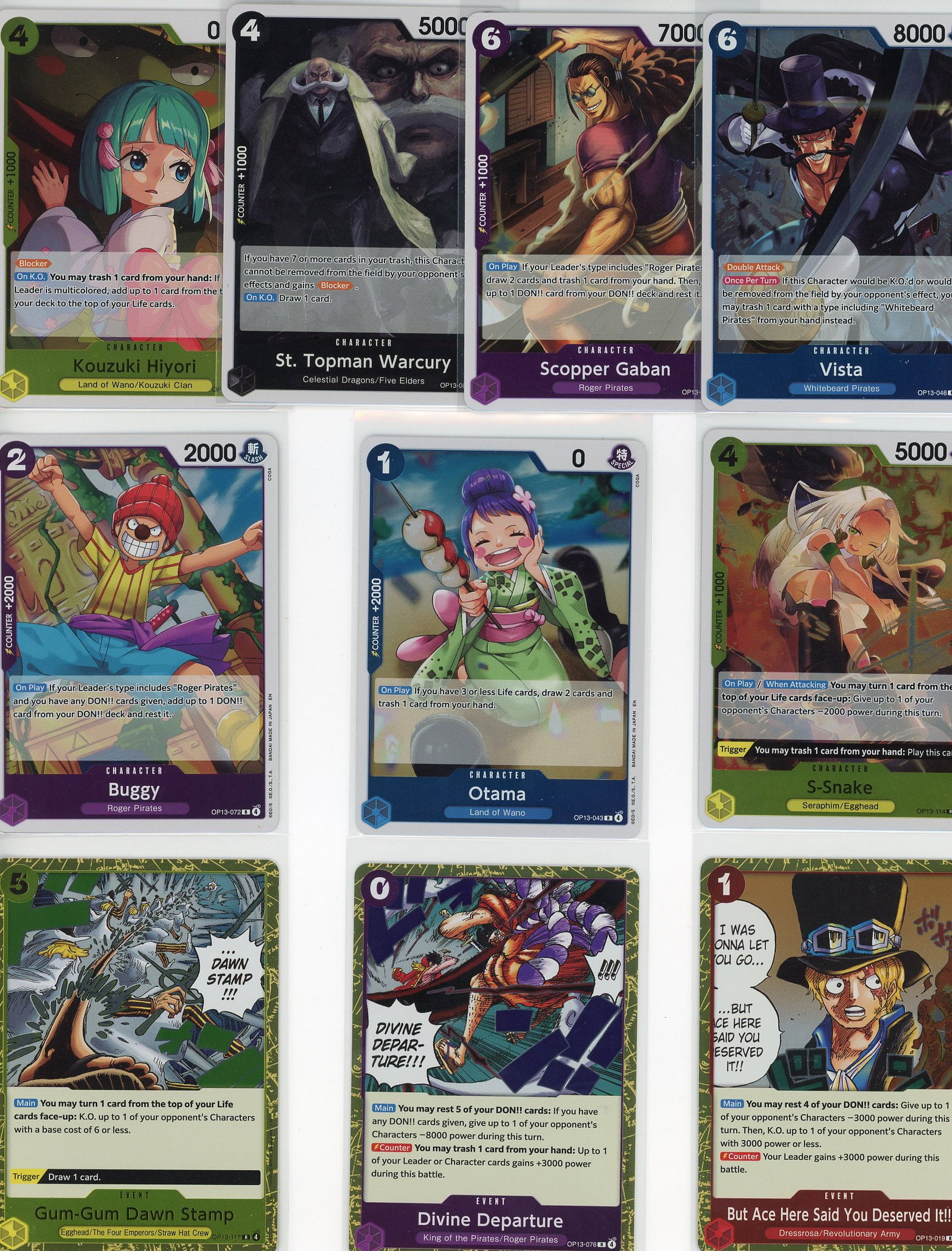 Lot of 10 One Piece Foil TCG Cards - Kouzuki: This exciting lot contains 10 authentic One Piece Trading Card Game foil cards featuring iconic characters from the beloved anime and manga series. The collection includes rare character cards such as