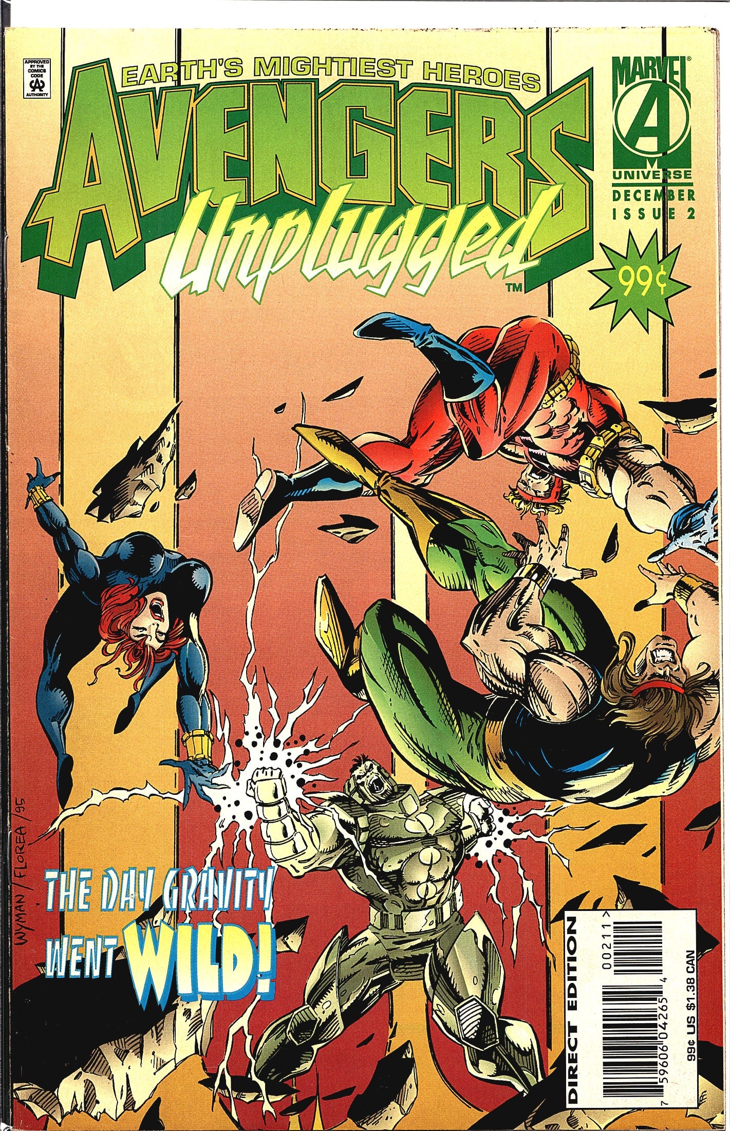 1995 Marvel Avengers Unplugged #2 The Day: This is issue #2 of Avengers Unplugged, published by Marvel Comics in December 1995, priced at 99 cents. The cover features the tagline 'The Day Gravity Went Wild!' and depicts several Avengers