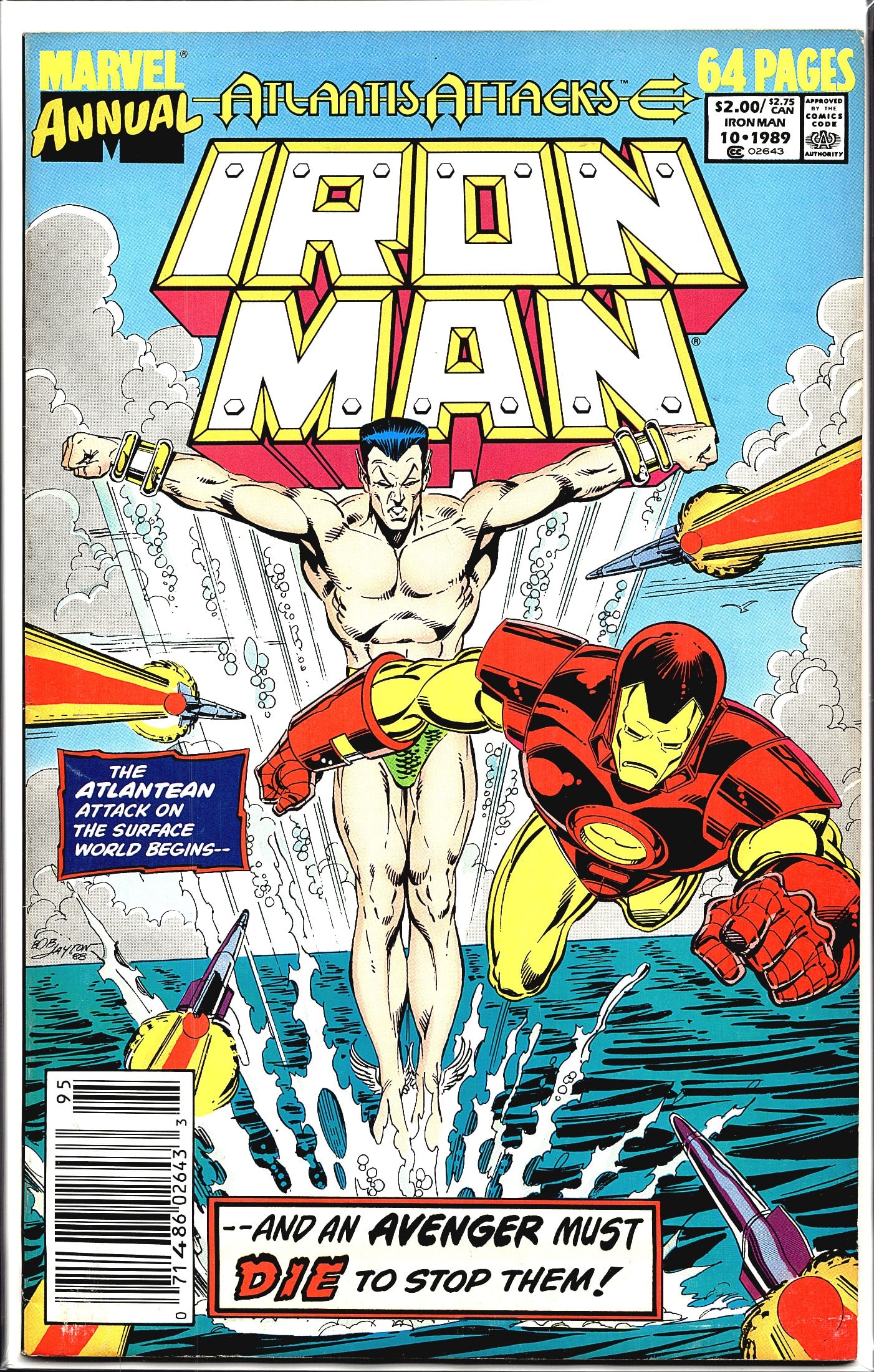 1989 Marvel Iron Man Annual #10 Comic Book: This is Iron Man Annual #10 published by Marvel Comics in 1989, part of the 'Atlantis Attacks' crossover event. The cover features Iron Man and Namor the Sub-Mariner emerging from the ocean amid missi