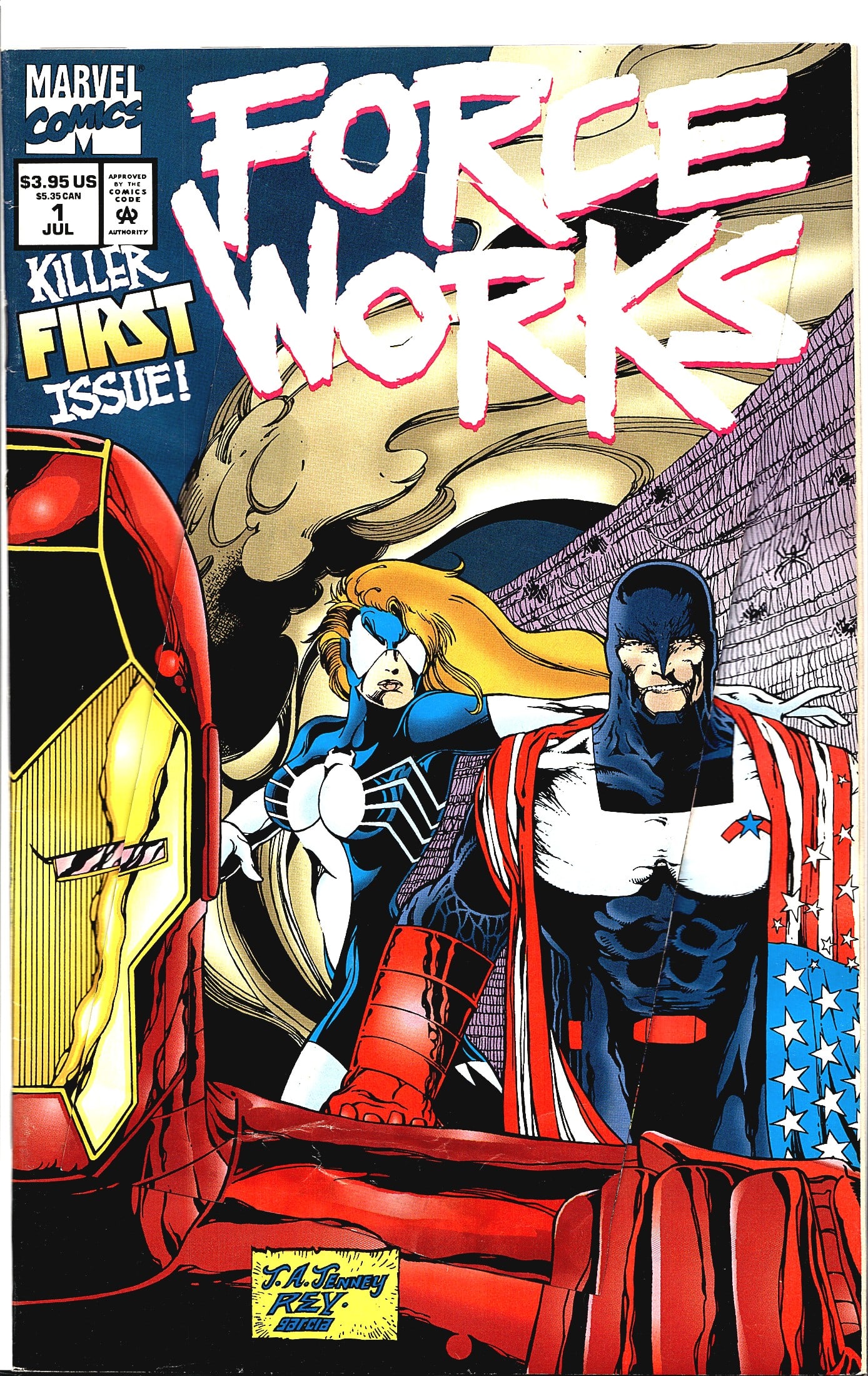 1994 Marvel Comics Force Works #1 Comic Book: Force Works #1, published by Marvel Comics, July 1994. This is the debut issue of the Force Works series, prominently labeled 'Killer First Issue!' on the cover. The cover art by T.A. Jenney and Rey