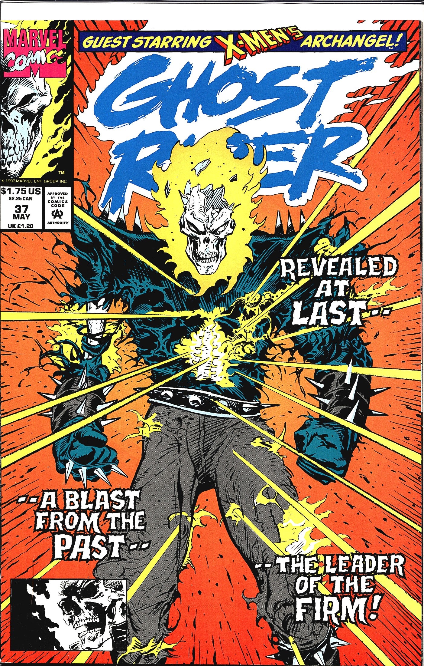 1993 Marvel Ghost Rider Comic #37: Ghost Rider #37 published by Marvel Comics, cover dated May 1993, priced at $1.75 US / $2.25 CAN / 1.20 UK. This issue guest stars Archangel from the X-Men and features the tagline 'Revealed at Last -