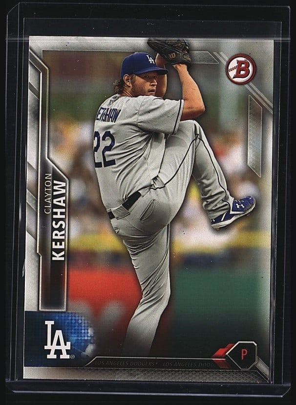 2016 Bowman Clayton Kershaw #22 LA Dodgers: 2014 Topps Clayton Kershaw #22 baseball card featuring the Los Angeles Dodgers pitcher in mid-delivery. This is a raw, ungraded single in mint condition. The card showcases Kershaw in his signature pi