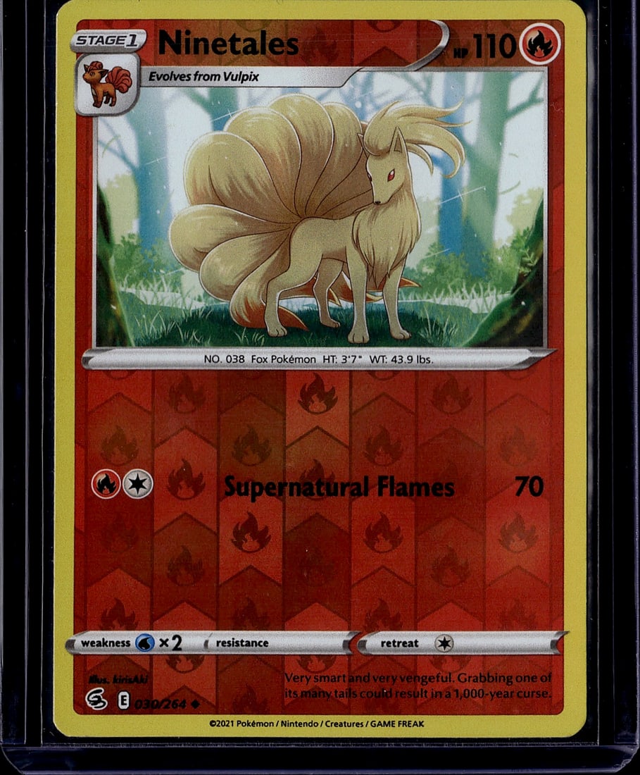 2021 Pokemon Chilling Reign Ninetales 038/264: This is a Stage 1 Ninetales Pokemon Trading Card from the 2021 Chilling Reign set. The card features card number 038/264 and displays Ninetales with 110 HP, evolving from Vulpix. The card showcases