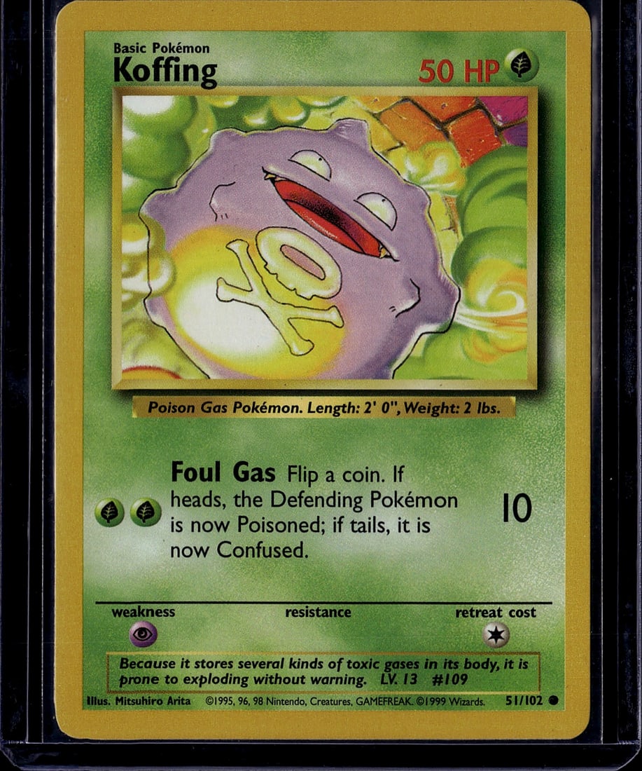 1999 Pokemon Base Set Koffing #51/102 Near Mint: This is an authentic 1999 Pokemon Trading Card Game Base Set Koffing card (#51/102), featuring the iconic Poison Gas Pokemon illustrated by Mitsuhiro Arita. The card displays Koffing's characteristic