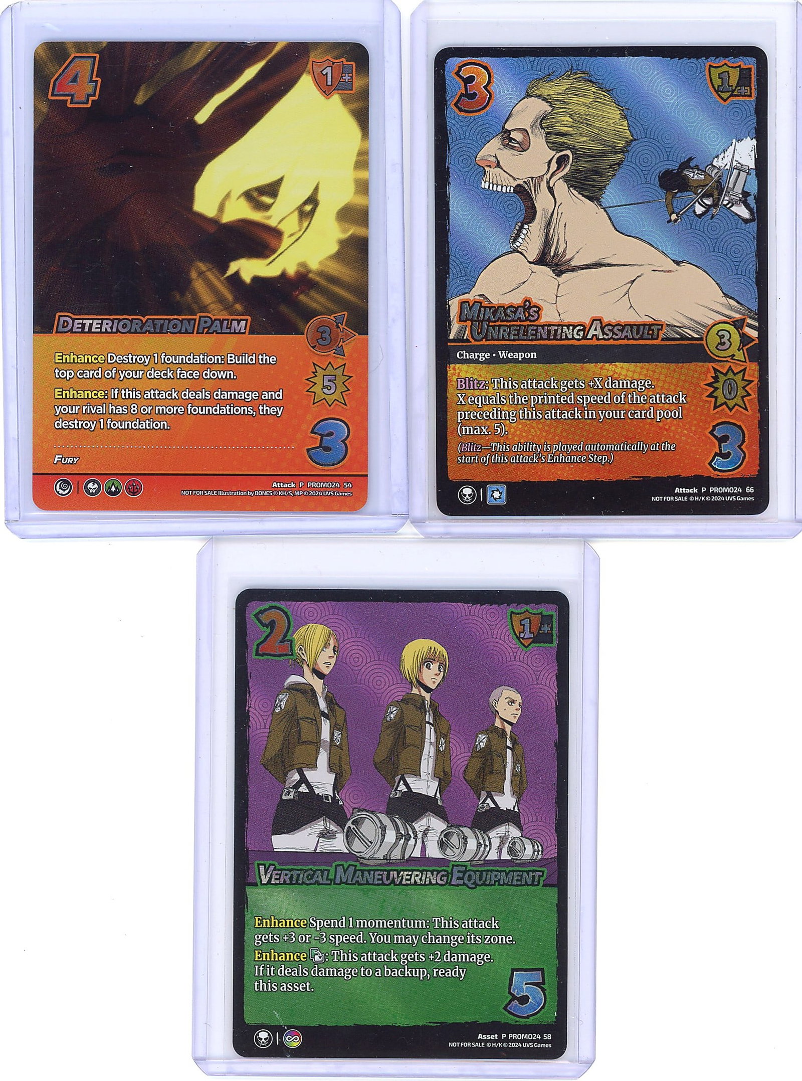 Lot of 3 Union Arena 2024 Tournament Promo Cards: This lot includes three 2024 Union Arena trading card game promotional cards from the PROMO24 set by UVS Games. The three cards are: Deterioration Palm (Attack P PROMO24 54), an orange-bordered Fury a